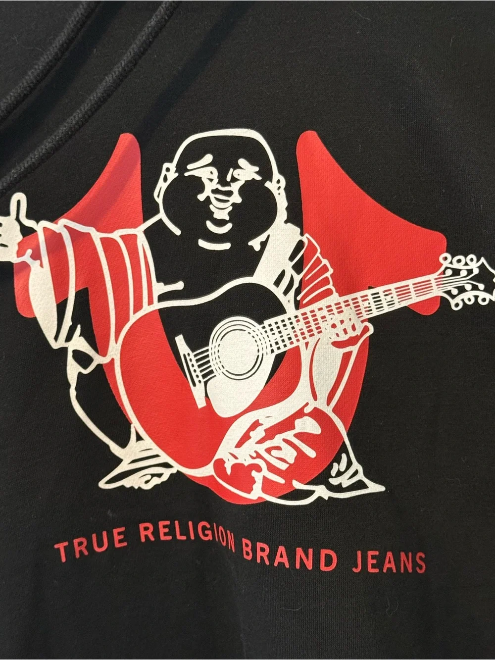 True Religion Black Hoodie with Red Graphic and Sleeve Logo